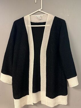 Elegant Black Cardigan with Cream Trim - Women's Open Front